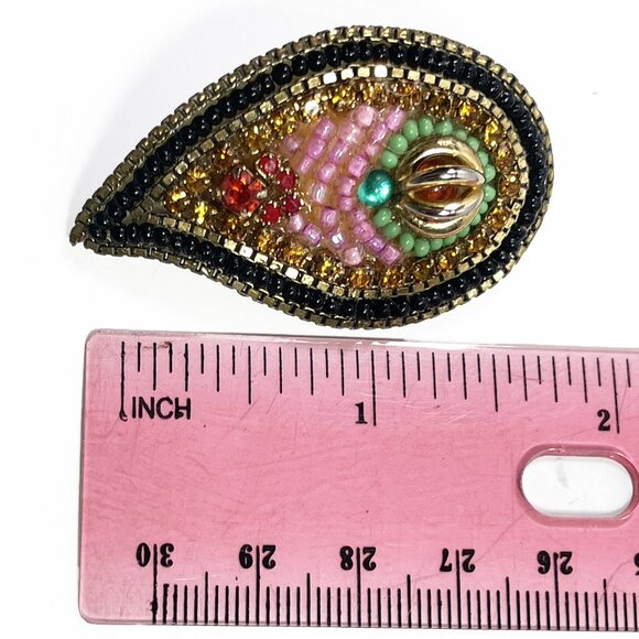 VINTAGE M & J HANSEN DESIGN Pink Green Beaded Clip-On Earrings Signed - Picture 5 of 8